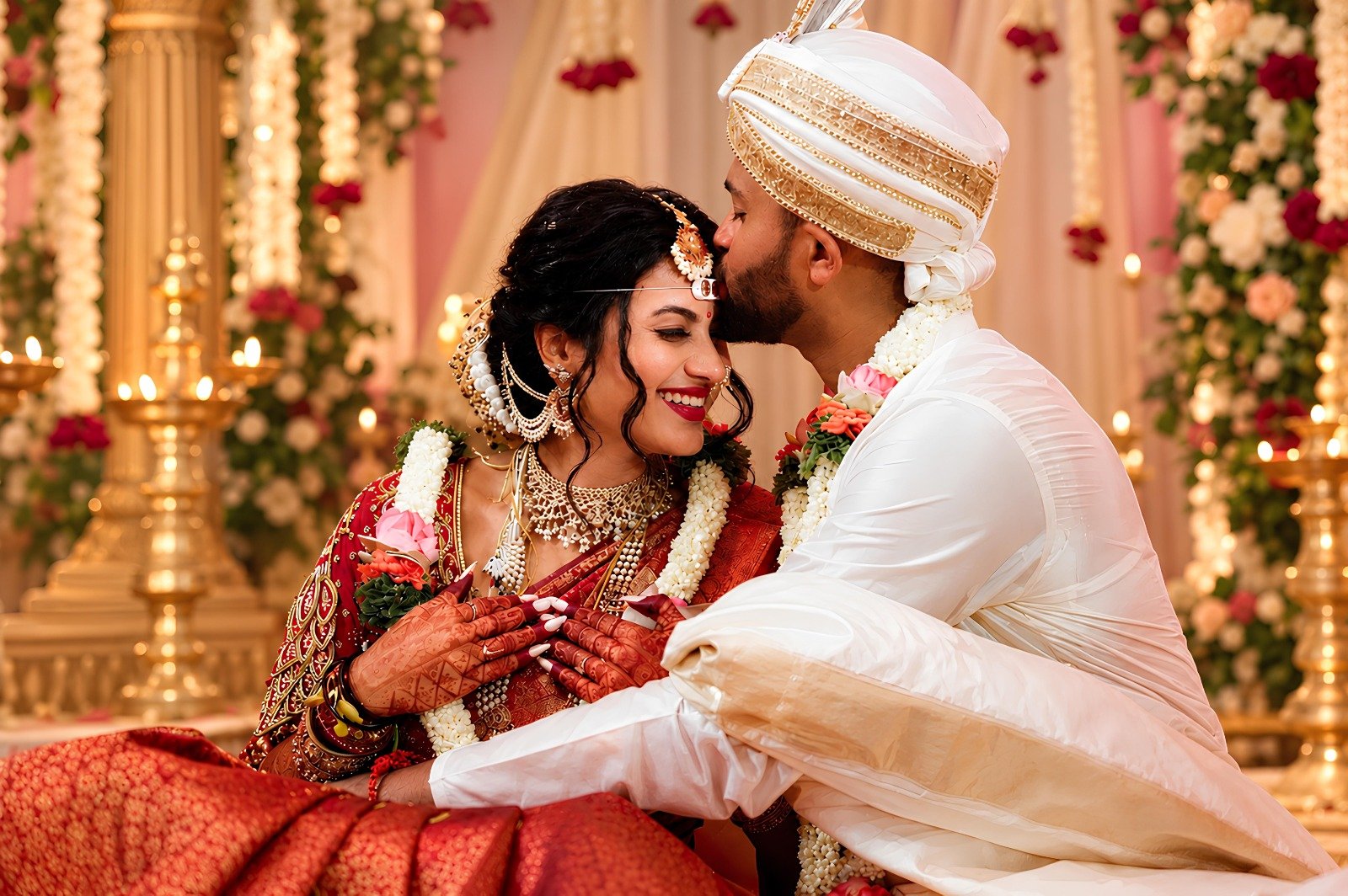 Bride and groom in a warm wedding ceremony moment — Soni Productions