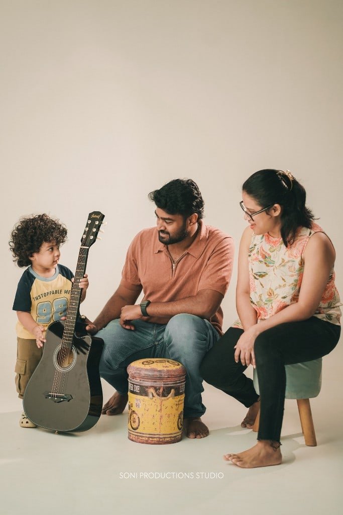 Family and toddler studio portrait
