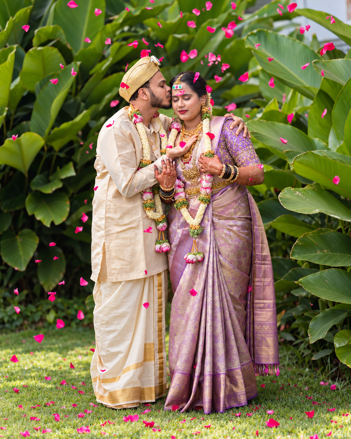 Wedding couple beneath falling petals