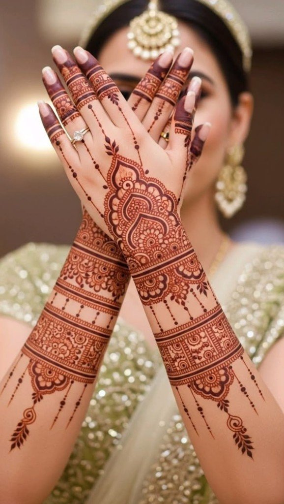 Crossed arms with intricate bridal mehendi