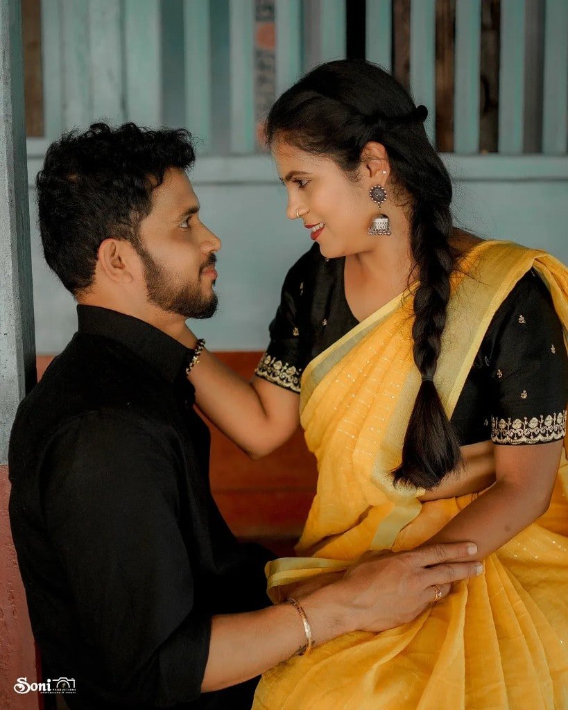 Pre-wedding portrait in a yellow saree