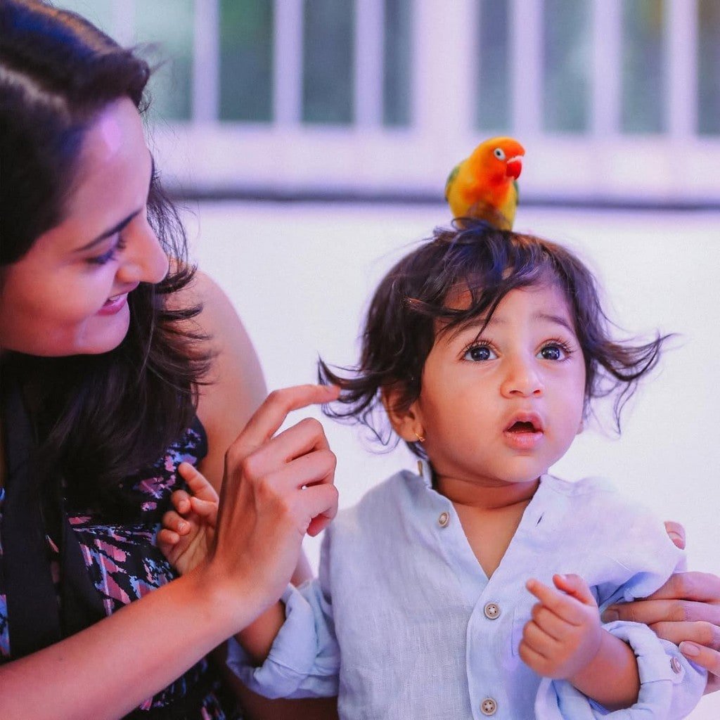 Toddler with a lovebird perched on his head